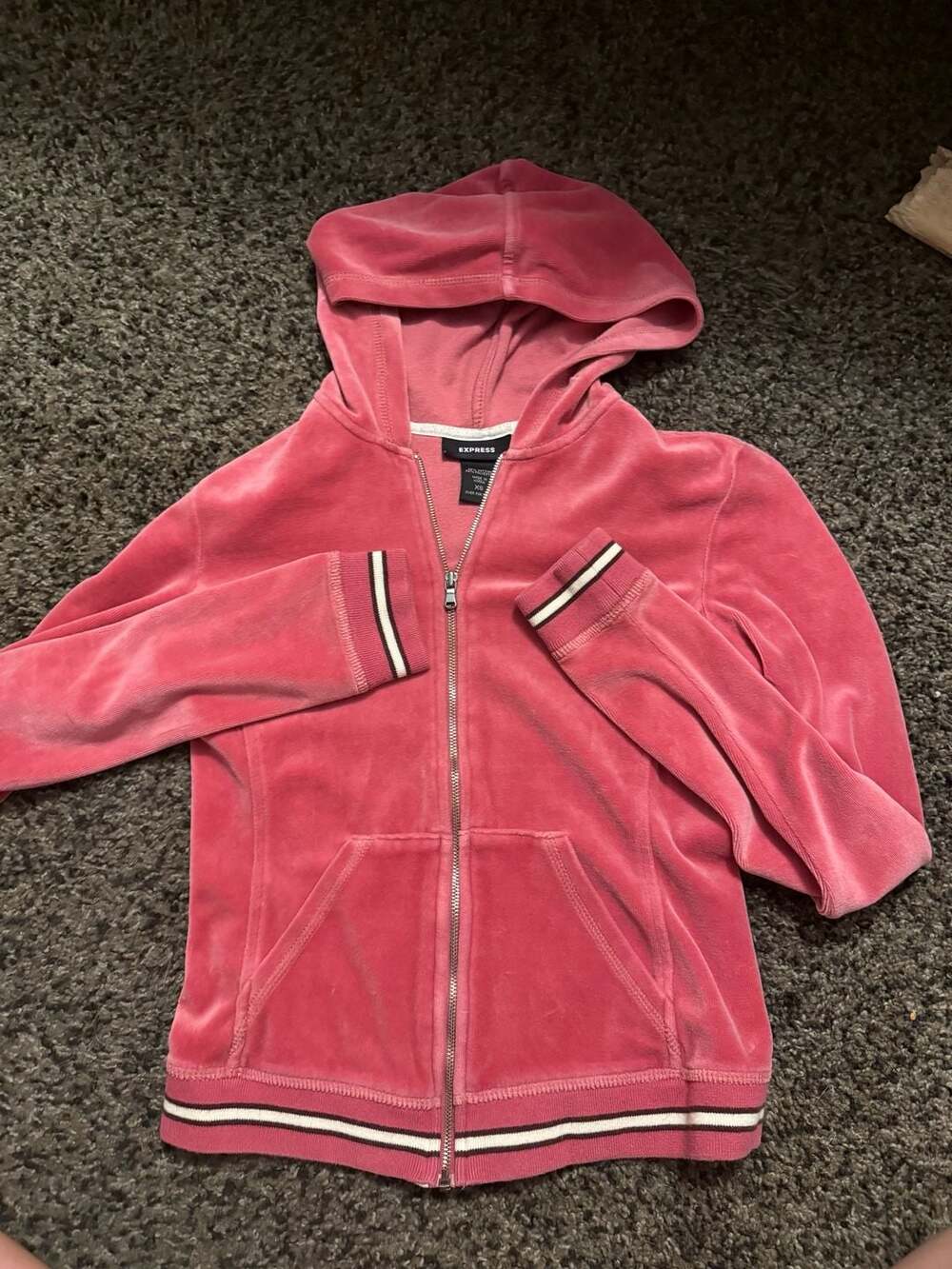 Express Women's Pink Velour Zip-Up Hoodie with Striped Trim